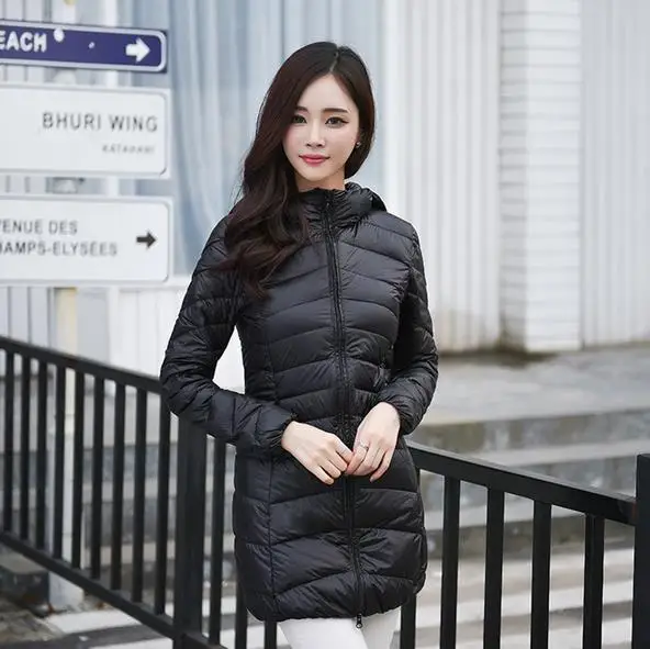 Женский пуховик на 90% белом утином пуху женское длинное пальто с капюшоном ультра