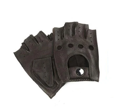 Dark brown Модные мужские перчатки из оленьей кожи, на запястье, на пол пальца, для вождения, без подкладки, одноцветные, для взрослых, без пальцев, варежки из натуральной кожи - Цвет: Dark brown