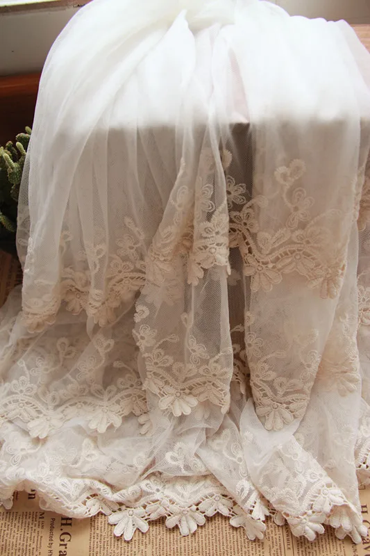 

1 Yards Cream Lace Fabric With 3D Cotton Embroidered Borders