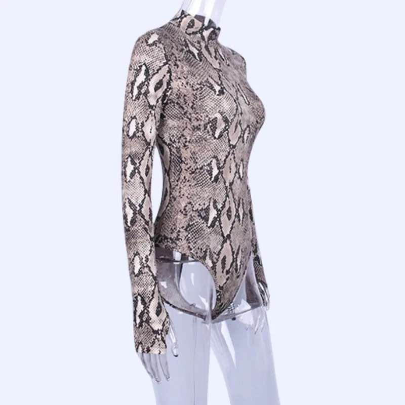 

High Neck Long Sleeve Sexy Bodycon Turtleneck Snakeskin Print Bodysuit 2019 Spring Summer Women Fashion Lady Jumpsuits Clothes