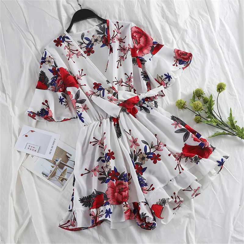 Summer Tie Bow V-Neck Chiffon Playsuits Women Floral Print Jumpsuits Female Short Sleeve Rompers Casual Wide Leg Bodysuit AB1431