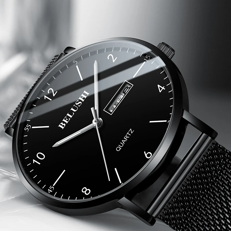 

Men's Watches Ultra Slim Steel Mesh Quartz Watch BELUSHI Man Wristwatch Dual Calendar Date Simple Clocks Male Gift relogio #a
