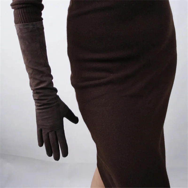 

44cm Real Leather Suede Gloves Long Section Pure Sheepskin Scrub Thin Plush Lined Coffee Dark Brown Female Gloves Straight WJP08