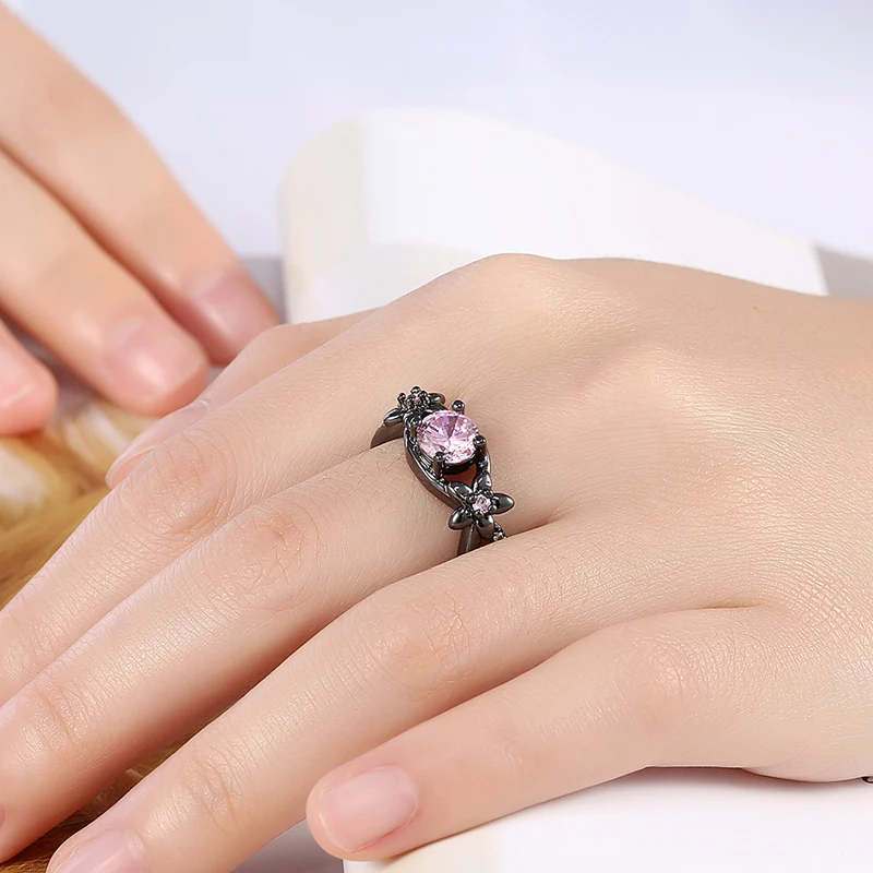 Original Hollow Out Flower Shape Black Gold Color Women Rings Fashion Party Jewelry Accessory Pink CZ Crystal | Украшения и