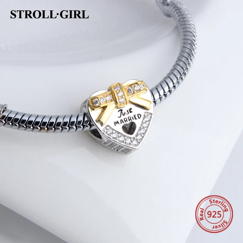 Fit Original Pandora Charms Bracelet 925 Sterling Silver Just Married Wedding Heart Shaped Beads Charms Jewelry Love Gifts