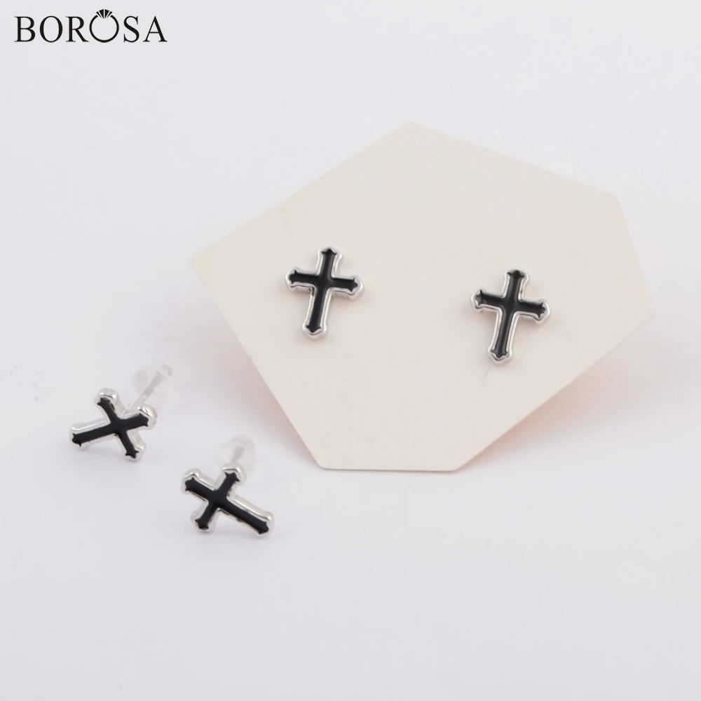BOROSA 10 пар 92.5% чистого серебра 9x10 мм в форме Креста черные серьги-гвоздики