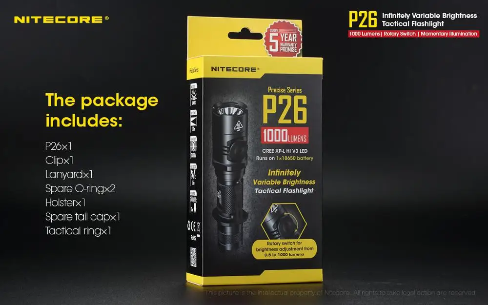 2018 NITECORE P26 тактический фонарь 1000LM CREE XPL HI V3 светодиодный 18650 бесступенчатая