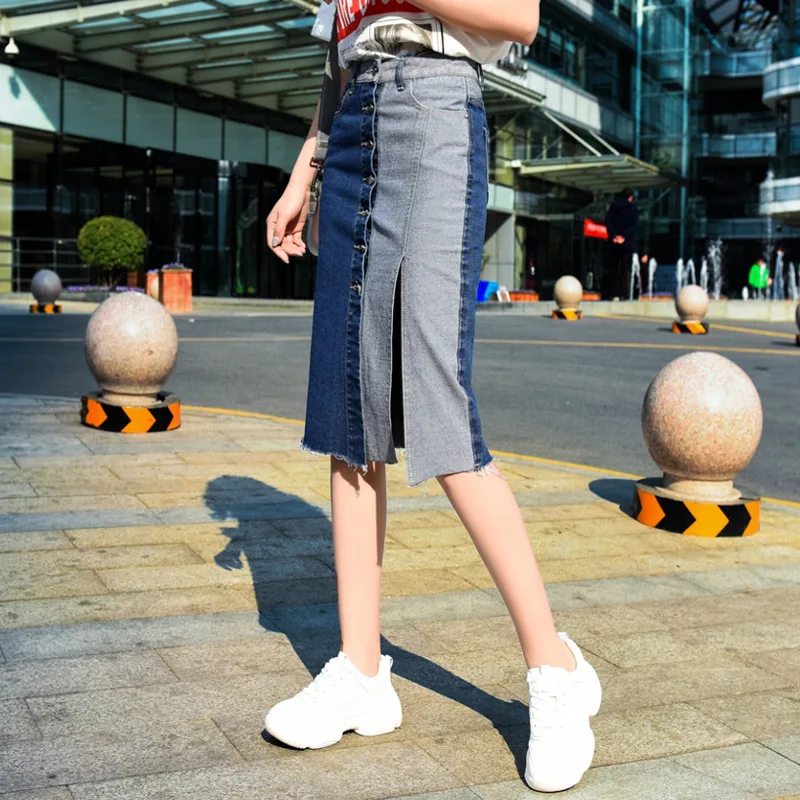 Lguc.H Fashion Denim Skirt High Waist Split Jeans Skirt Unique Patchwork Midi Skirt Summer Autumn Skirts Women Clothes XXL - Цвет: 1