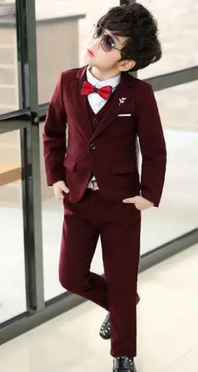Wine Red 3PCS Торжественный костюм с цветочным принтом для мальчиков комплекты детской праздничной одежды для свадебного торжества Детские брюки с жилеткой костюмы для церемонии из 3 предметов - Цвет: Wine Red 3PCS