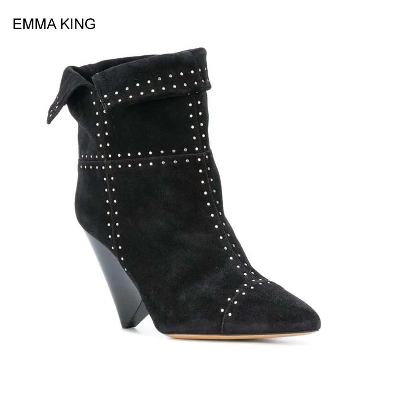 EMMA KING Spike Heels Women Ankle Boots Revers Collar Pointed Toe Fashion Mujer Autumn Shoes For Party Big Size 35#-43