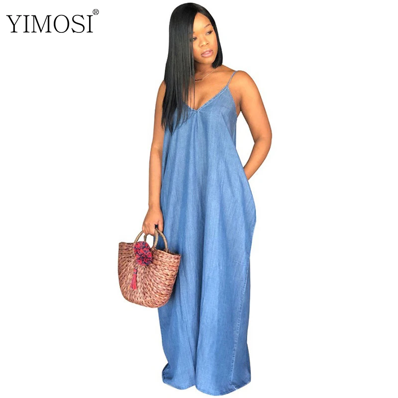 Женское пляжное платье без бретелек Длинное свободное джинсовое с v-образным