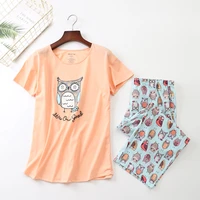 new 2019 summer women pajamas cotton cute print owl pajama set top capris elastic waist plus size 3xl lounge pijamas s92904