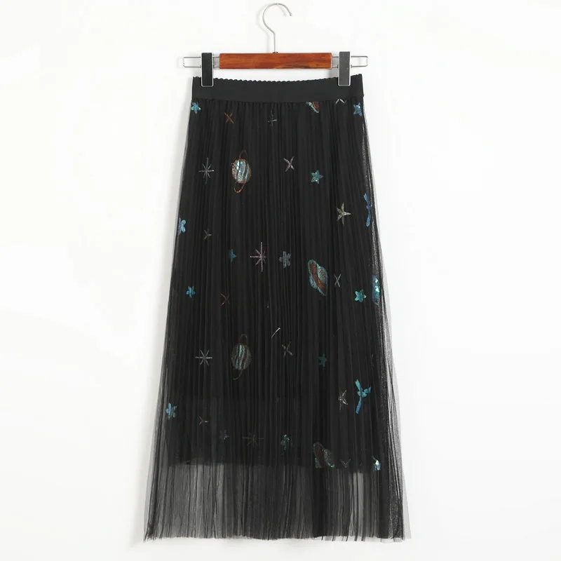 galaxy black SETWIGG Милая вышитая галактика плиссированная многослойная фатиновая А-Линь Длинная летняя юбка с блестками, звездами, планетами, сетчатые длинные плиссированные юбки - Цвет: galaxy black