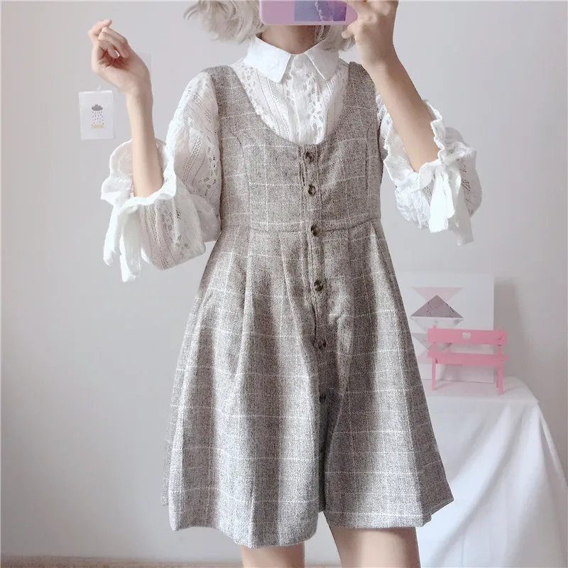Японские Женские Kawaii комплект из 2 предметов Mori Girl белая кружевная блузка серая Клетчатая Шерстяная тонкая мини-сарафан милые наряды в консервативном стиле
