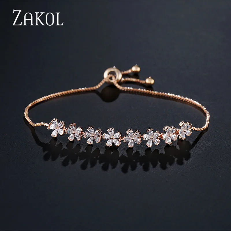 Rose Gold Color Бренд ZAKOL в форме цветка, кубический цирконий, кристалл, циркон, регулируемый шнурок, браслеты для женщин, ювелирные изделия, подарки FSBP2114 - Окраска металла: Rose Gold Color