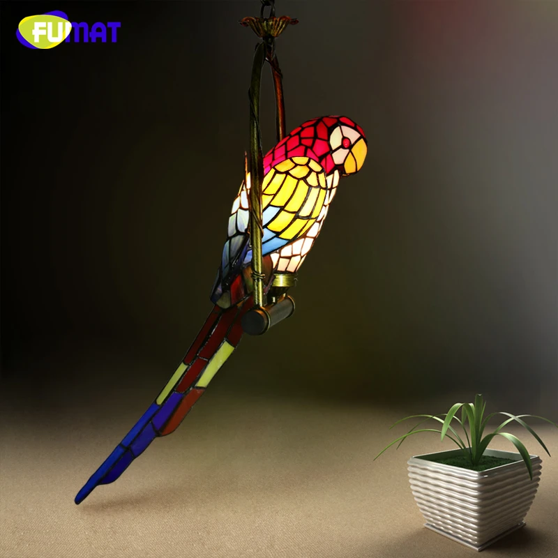 

FUMAT Stained Glass Parrot Light Antique Art Glass Bird Pendant Lamp Living Room Glass Shade Light Fixture LED Pendant Lights