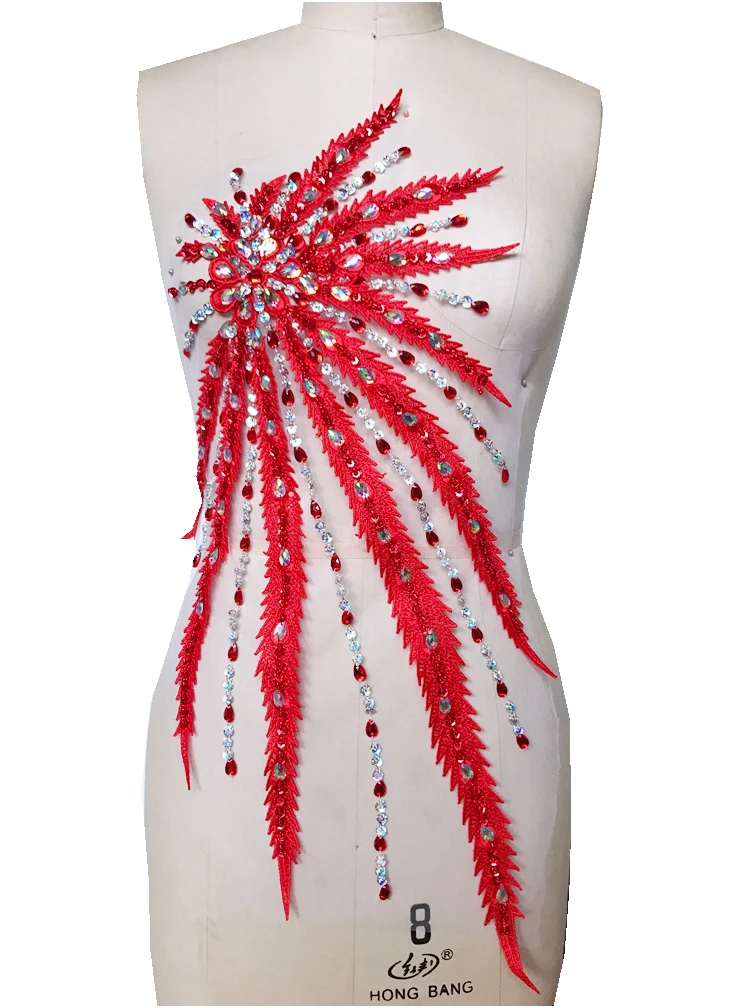 Handmade rhinestones lace applique red/clear AB colour crystal patches trim 57*32cm for DIY dress clothes accessory | Дом и сад