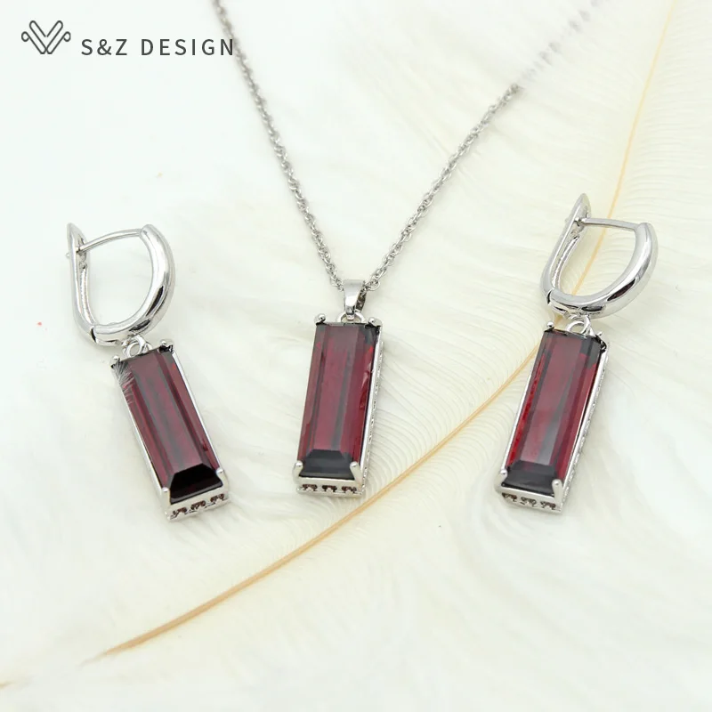 Серьги подвески S & Z из белого золота 2019 квадратных турмалина граната с красным