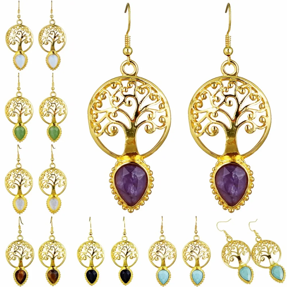 

TUMBEELLUWA Teardrop Crystal Stone Tree of Life Dangle Earrings for Women, Healing Chakra Earrings