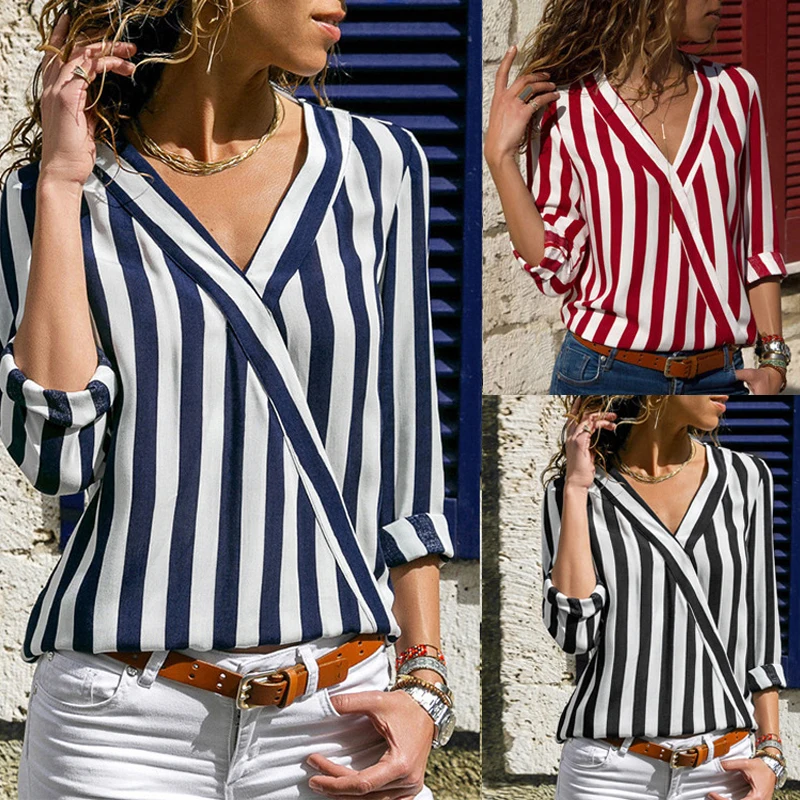 2019 женская летняя Модная Повседневная шифоновая рубашка в полоску с v-образным