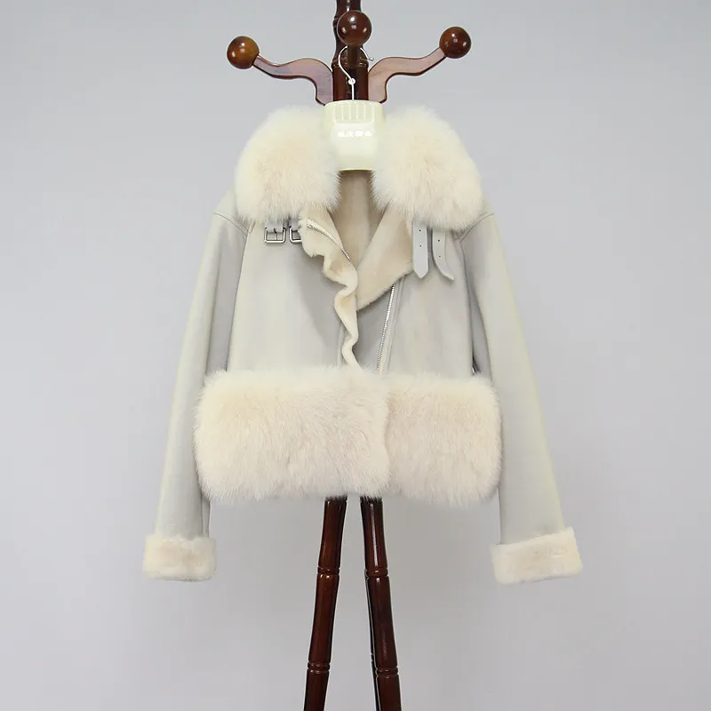 beige Розовые женские зимние куртки java QC8024, куртка из натурального Лисьего меха, пальто из овечьей шерсти мериноса,, модный стиль, куртка из натуральной кожи для девочек - Цвет: beige