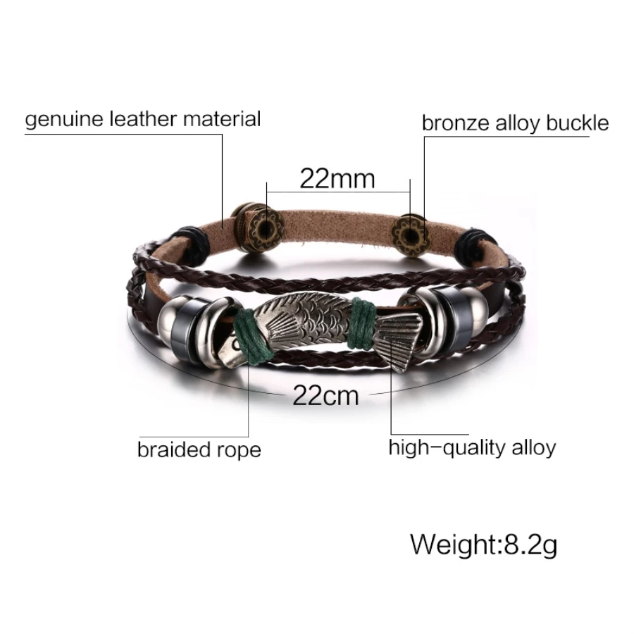 Sauvoo Punk Vintage Alloy Fish Charms Braided Leather Bracelets Multilayers Rope Wrap Wristband Bracelet Men Fashion Jewelry | Украшения и