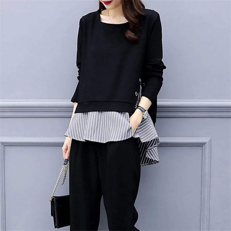 Женский костюм двойка со штанами и топ черный большого размера весна осень