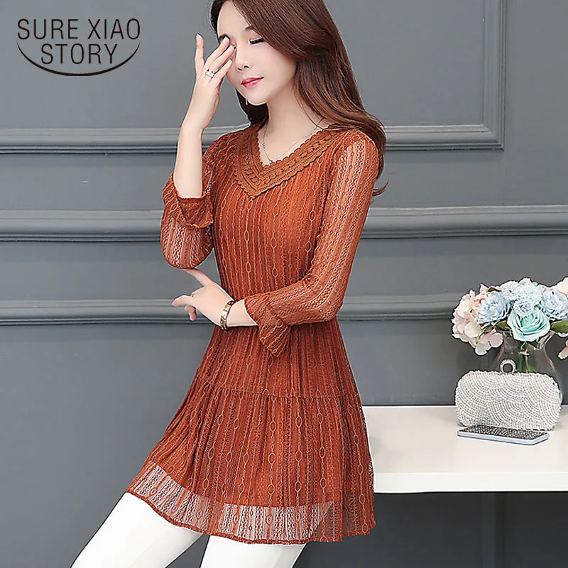 Женская кружевная блузка с длинным рукавом V образным вырезом и рукавом|Блузки| |