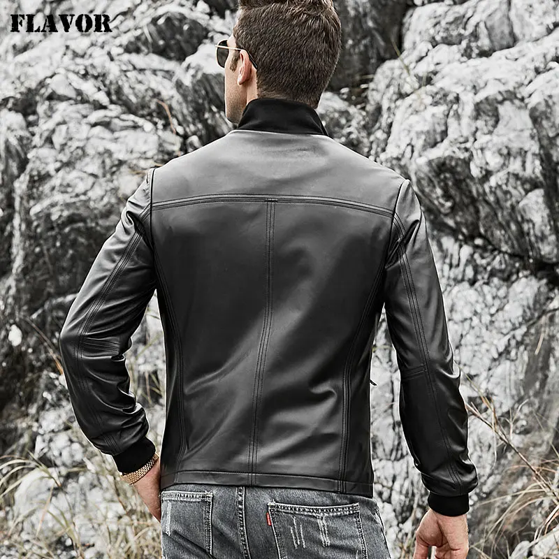 Мужской жакет из шкуры ягненка FLAVOR мотоциклетный натуральной кожи со стоячим