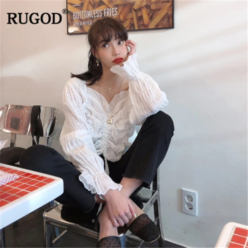 RUGOD шифоновые элегантные однотонные женские блузки с расклешенными рукавами v