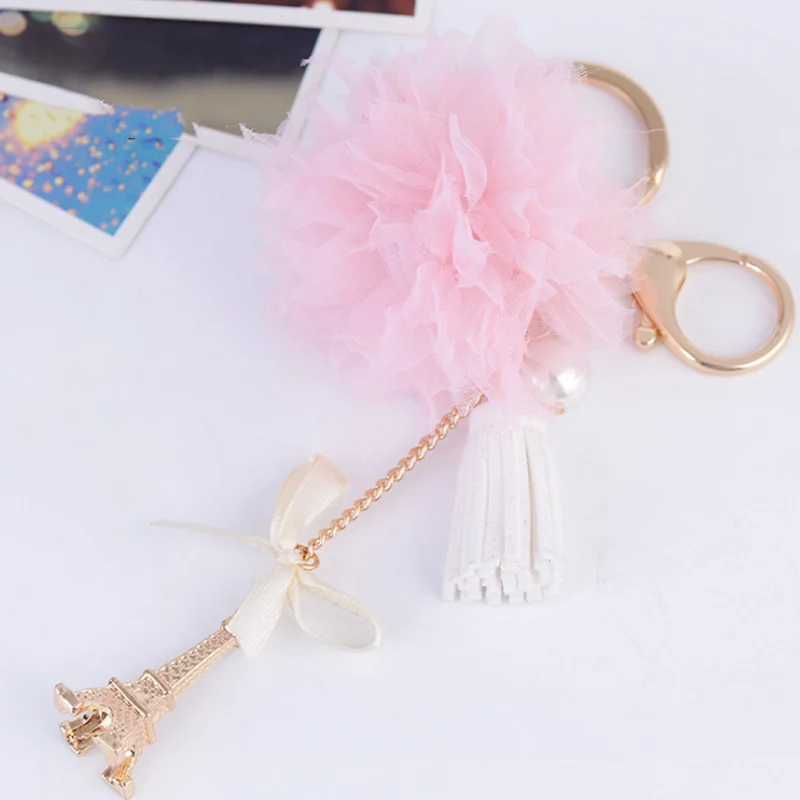 Creative Pom Lace Flower Keychain Bow Pearl Tower Pendant Leather Tassels Women Car Key Chain Ring Holder Trendy Jewelry | Украшения и