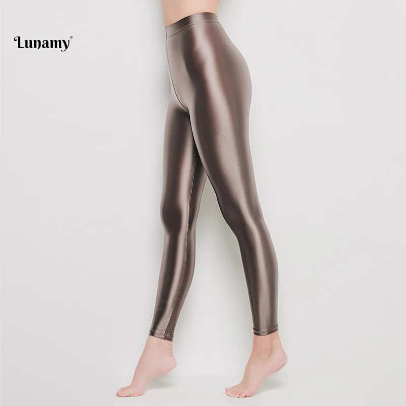 Lunamy, атласное глянцевое трико, сексуальное бикини с высоким вырезом, стринги, боди, Женский Блестящий Цельный купальник, купальник, LEOHEX - Цвет: Legging-Rose-Gold