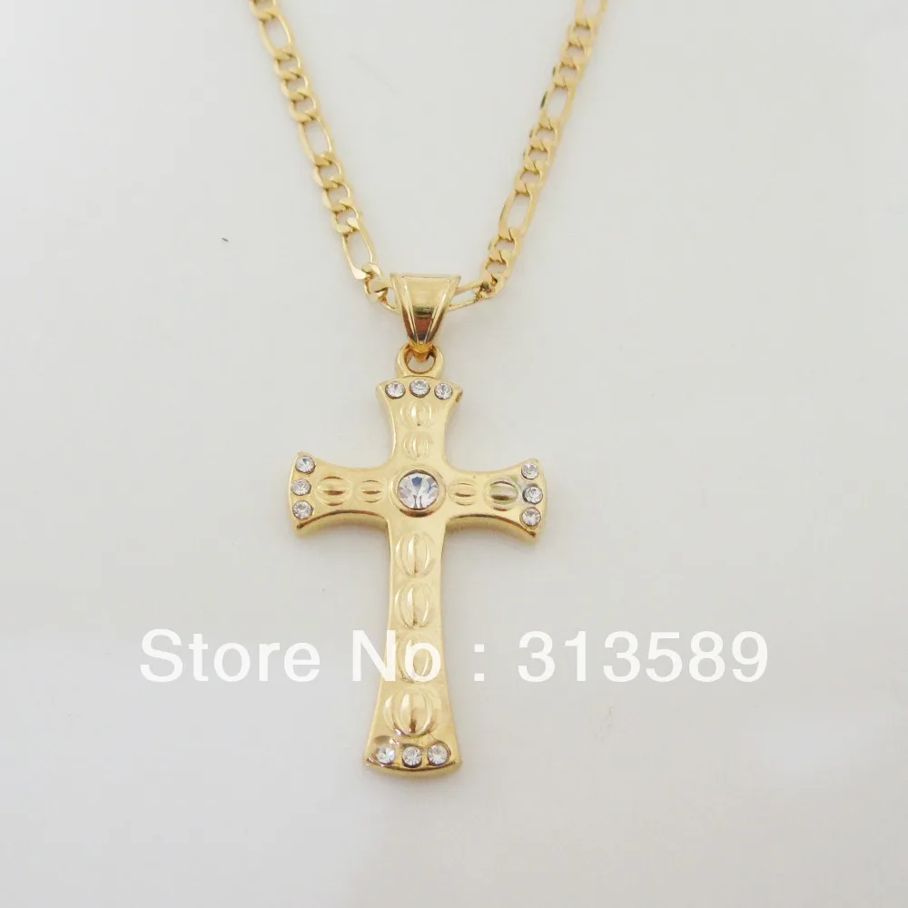 Min order 10$ - YELLOW GOLD GP PLTED 24&quot 1by 3 FIGARO CHAIN NECKLACE&ampJESUS CROSS CZ STONE ON THE MIDDLE PENDANT Crucifix | Украшения