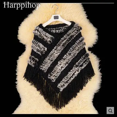 

2017 Hot Sale Real Knitted Rabbit Fur Shawl Fashion Women Rabbit Fur Poncho FUR coat With tassels