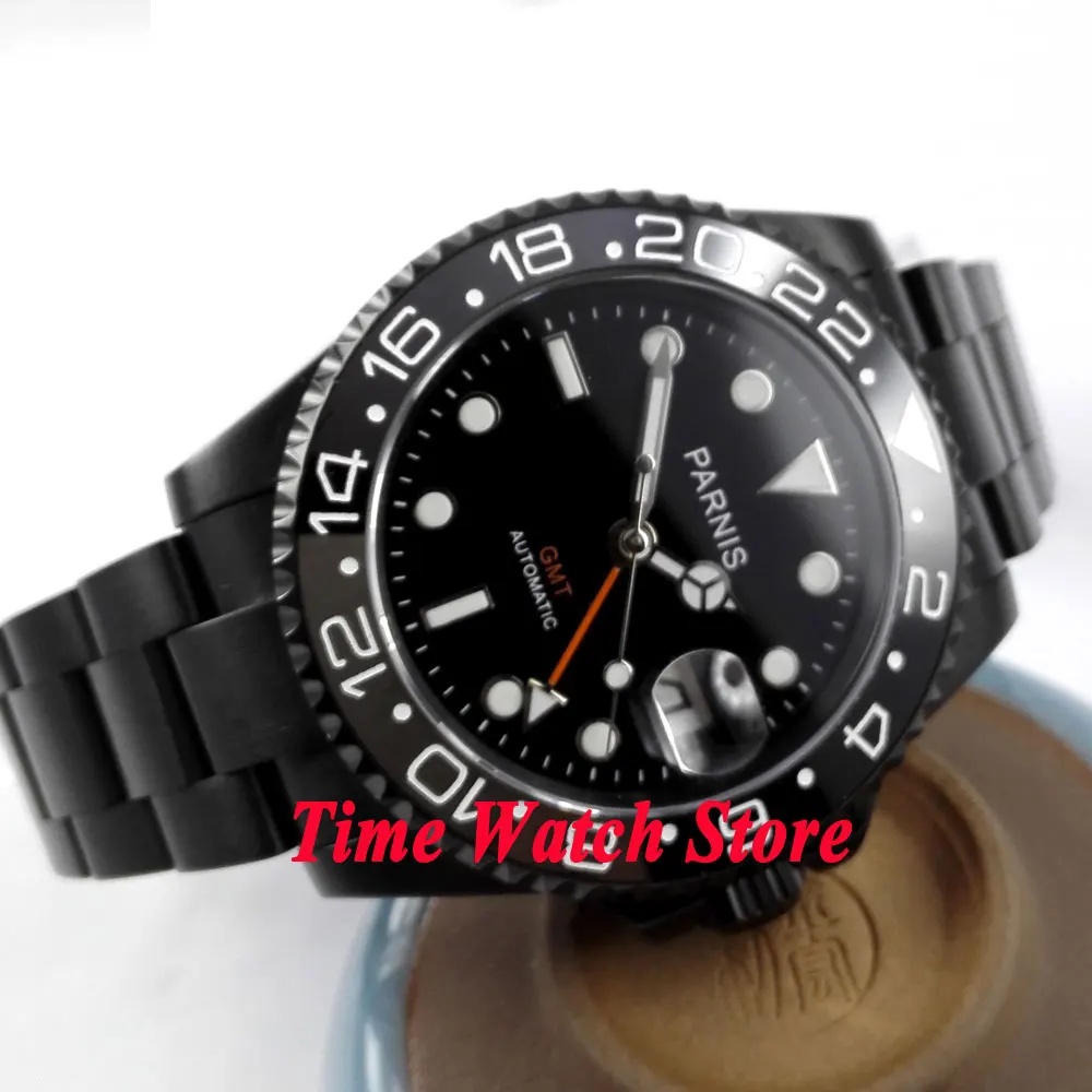 Мужские автоматические часы 40 мм parnis GMT pvd чехол с сапфировым стеклом и черным