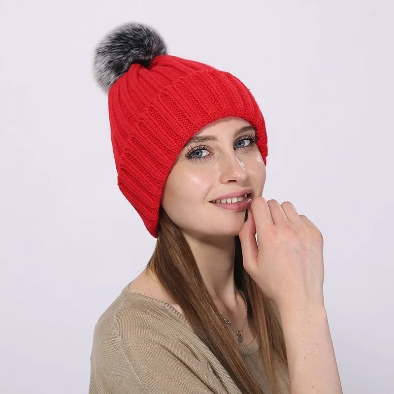 Для женщин трикотажные искусственного меха лисы Pom pom hat одноцветное Цвета