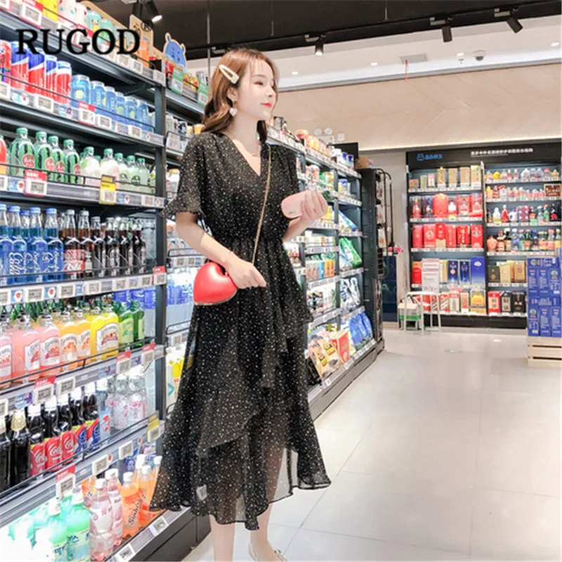 RUGOD пятнистые каскадные оборки женское платье Элегантные шелковистые Короткие рукава трапециевидной формы с высокой талией корейский стиль летнее винтажное платье