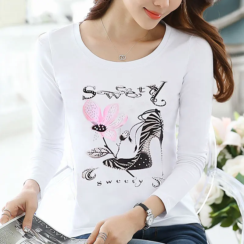Женские футболки со стразами, женские топы, женская футболка в алмазах Camisetas Mujer, осенняя футболка, Vetement Femme