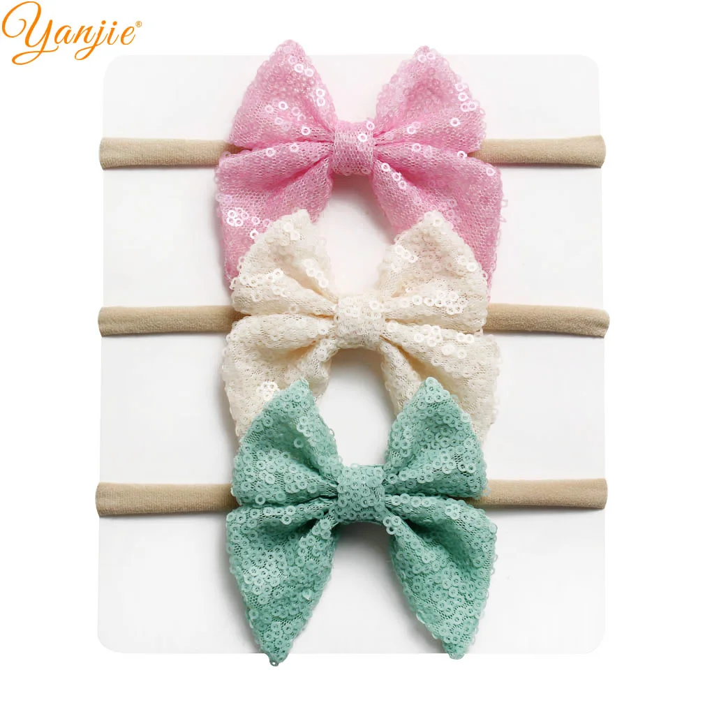 Бант нейлоновый эластичный с пайетками для девочек повязка на голову блестками