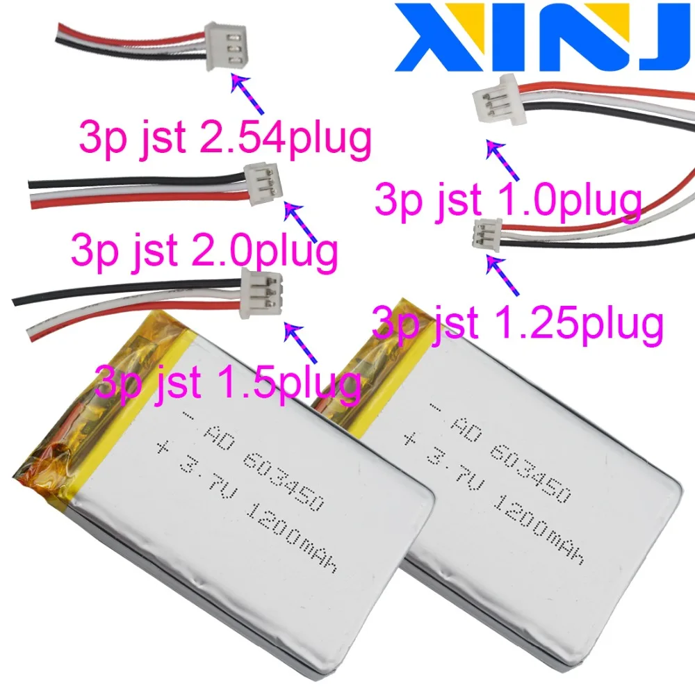 Xinj 3,7 V 1200 мАч литий-полимерный аккумулятор lipo сотовый 3pin 1,0/1,25/1,5/2,0/2,54 мм штекер 603450 для спутниковой навигации PDA, камера музыкальный плеер