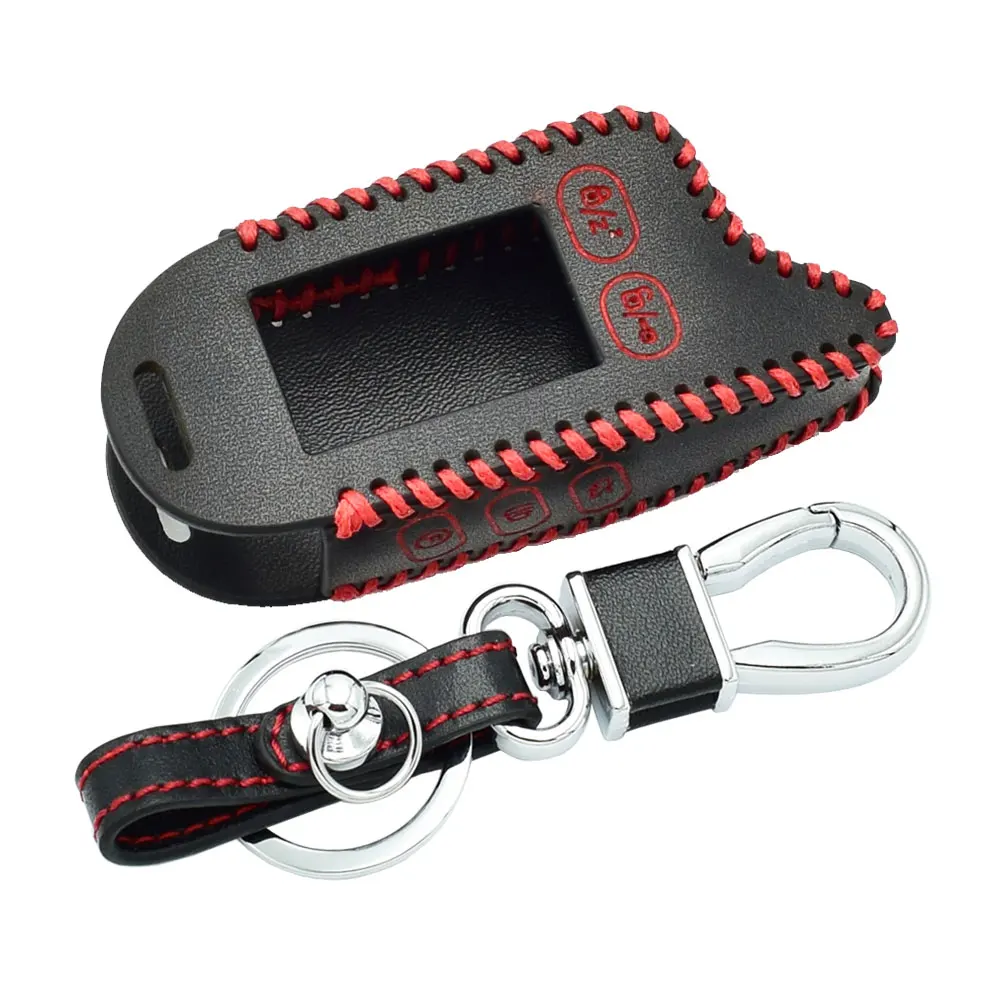 with Red Line Кожаный чехол для ключей автомобиля TZ9030 для Tomahawk TZ9030-24V TZ 9031 7010 9020 двухсторонняя Автомобильная сигнализация ЖК-пульт дистанционного управления чехол брелок сумка - Название цвета: with Red Line