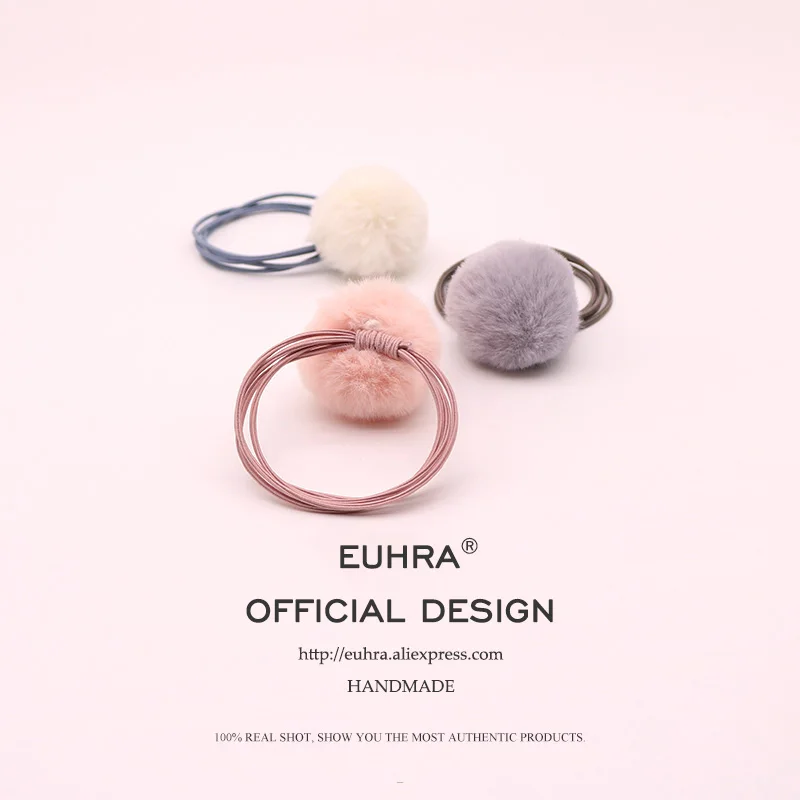 EUHRA, 5 цветов, помпоны, плюшевые помпоны, кроличий хвост, эластичные резинки для волос для женщин, девочек, повязка для волос, Детская резинка