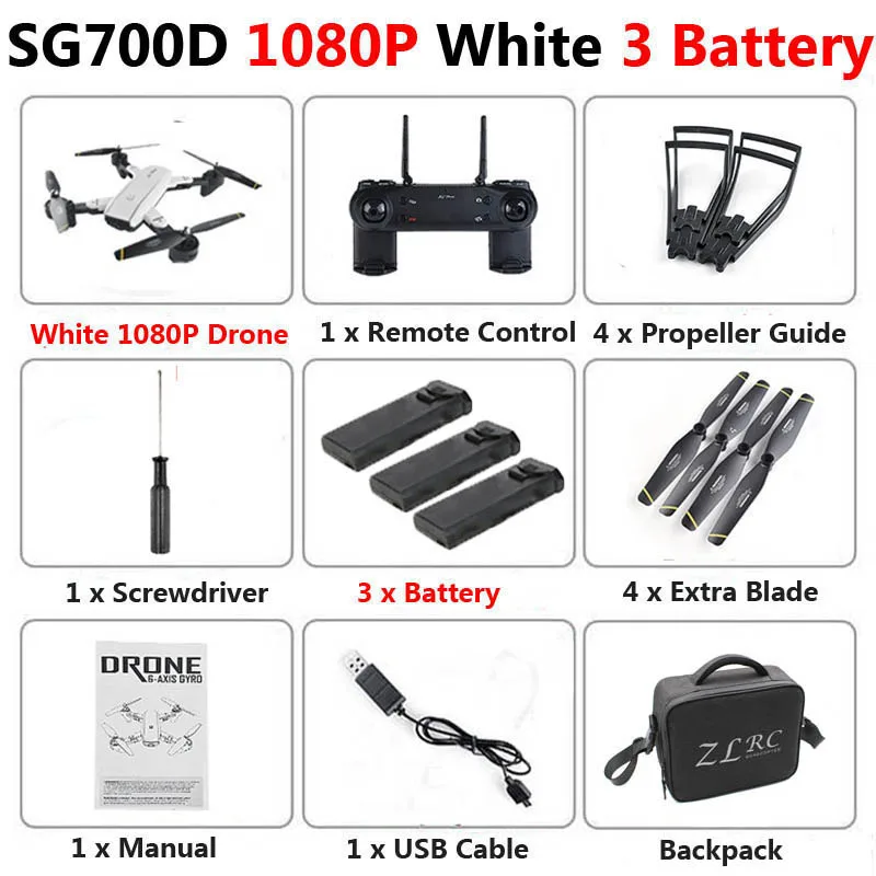 1080P White 3B Bag SG700-D WiFi FPV Mini Drone двойная камера 720P 1080P 4K оптический поток воздушная видео Профессиональный складной Радиоуправляемый квадрокоптер игрушка XS809S - Цвет: 1080P White 3B Bag