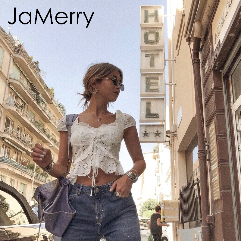Женская кружевная блузка JaMerry белая с оборками и вырезом сзади | одежда