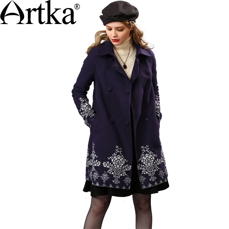 ARTKA, женское осеннее пальто, двубортная ветровка, теплая шерстяная куртка, Женское пальто большого размера, жаккардовое, а-силуэт, верхняя одежда FA10653Q