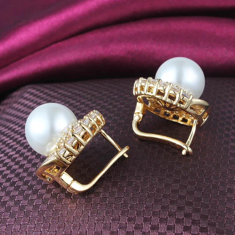 Wedding Earring Gold color Zircon Stud Brincos Simulated Pearl For Women Earrings | Украшения и аксессуары