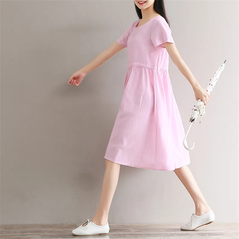 Летнее милое платье Женская мода 2019 синее розовое Полосатое с круглым вырезом