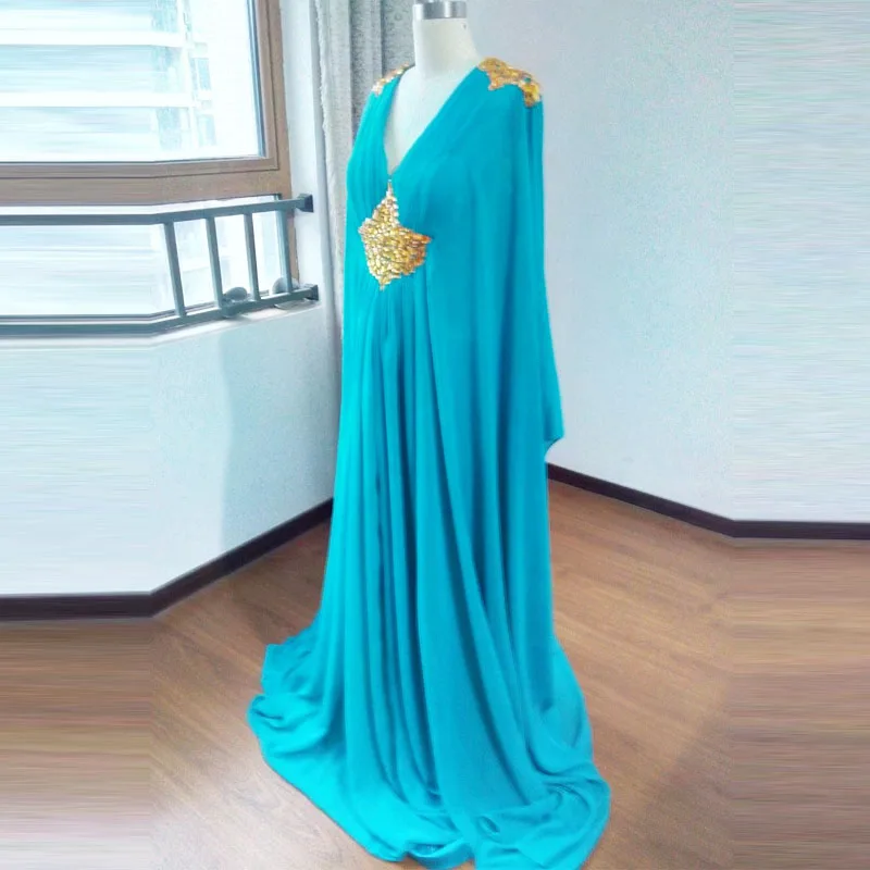 Бирюзовое платье с длинным рукавом мусульманское вечернее модель 2018 украшение