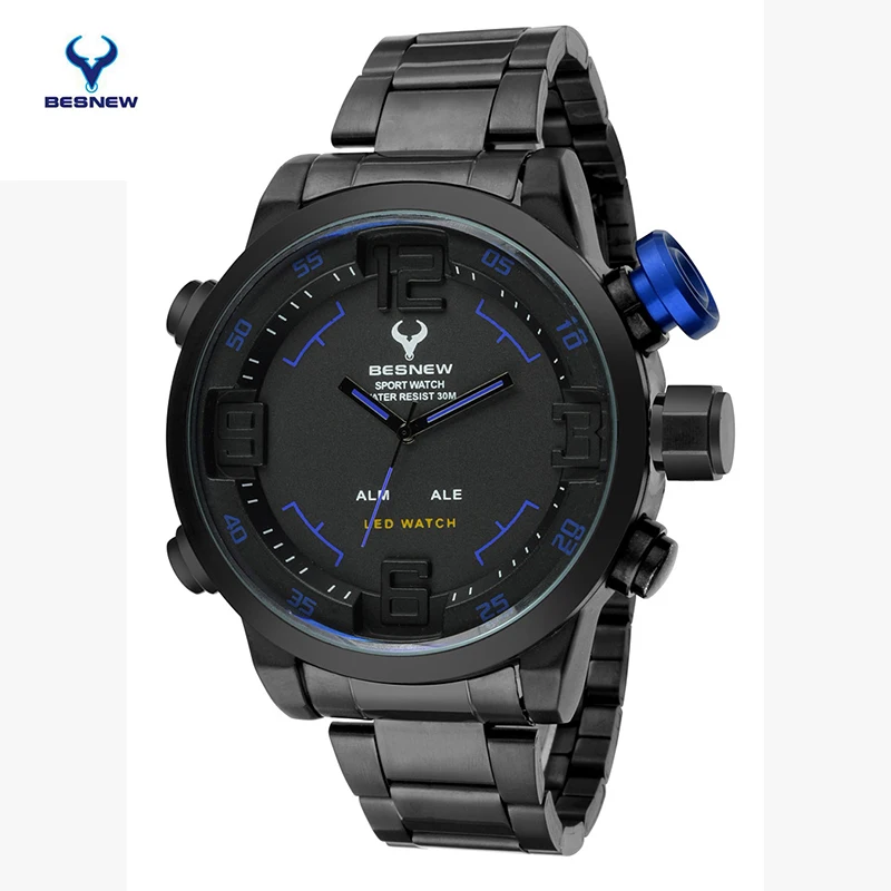 BESTNEW Цифровой СВЕТОДИОДНЫЕ часы Люксовый Бренд Полный стали Кварцевые мужская