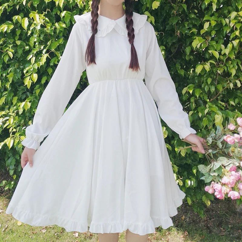 Lolita Style Women Cute Dress Autumn Japanese Mori Girl Peter Pan Collar White Casual Ruffle Solid Loose Long Sleeve | Женская одежда